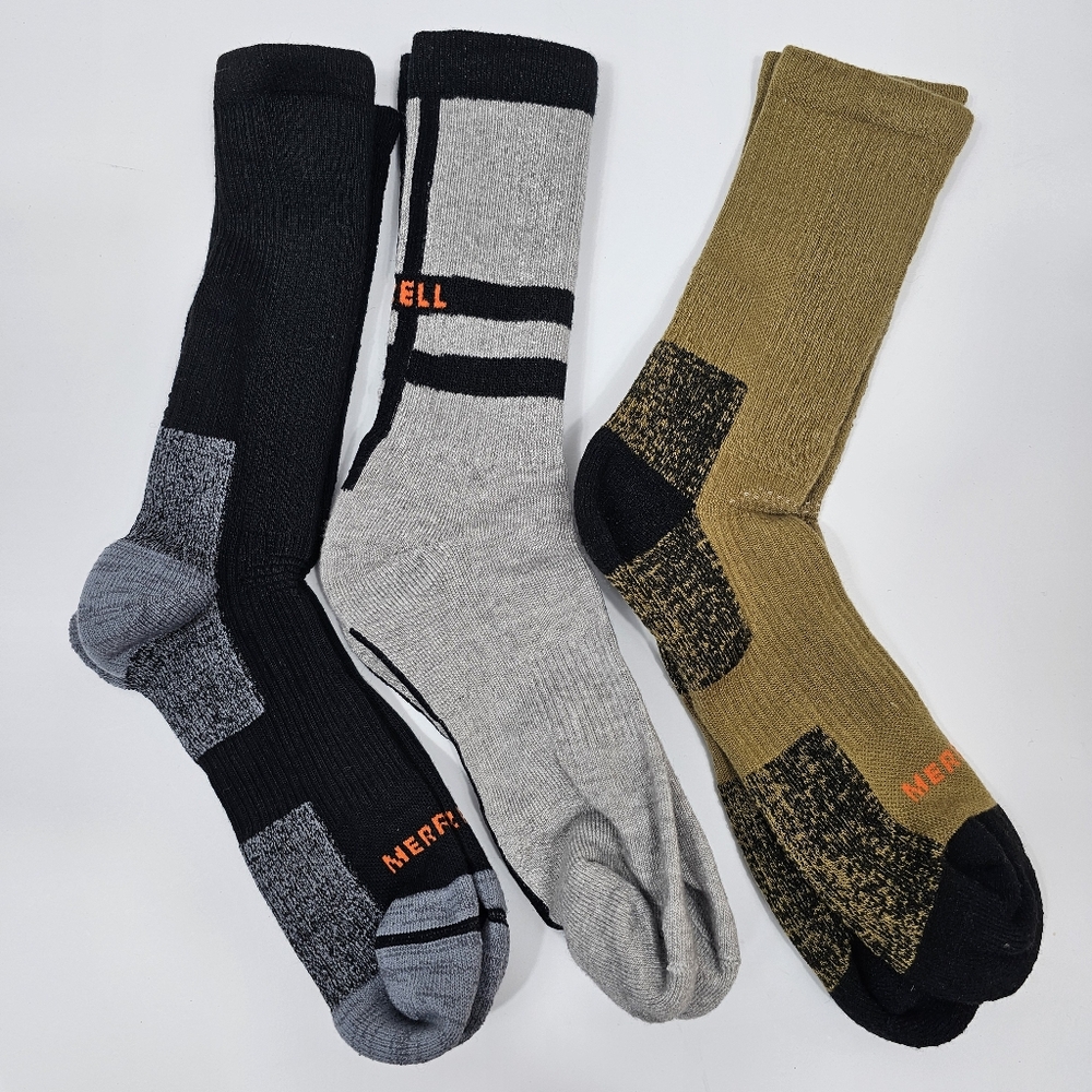 NWOT Merrell Mens Black Gray Brown Socks Cushioned Crew Size M-L 3 Pairs